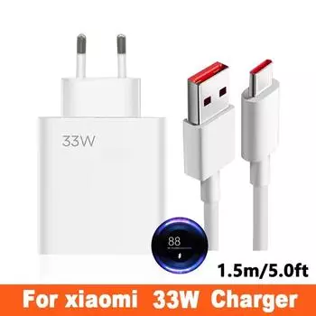 Быстрое зарядное устройство Turbo 33 Вт, кабель EU 6A Type C для Xiaomi Redmi Note 9 10 10S 10X 11 11S 11T K30 K40 K30S Pro Max Ultra 5G 33W-EU белый