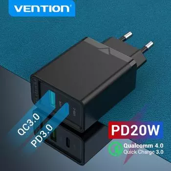 Быстрое зарядное устройство USB 38 Вт Vention Type C PD для быстрой зарядки iPhone 13 11, быстрая зарядка через USB с QC 4.0 3.0, зарядка портативного телефона через USB чёрный