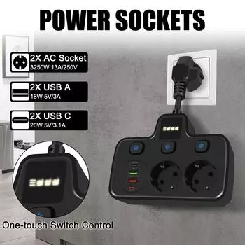 Быстрое зарядное устройство USB с ночником Настенная розетка Зарядное устройство Адаптер TYPE-C Розетка для умного дома Удлинитель Вилка европейского стандарта Удлинитель питания Светодиодный разъем с несколькими вилками 3.4A чёрный