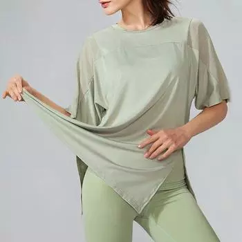 Быстросохнущая блузка для фитнеса с круглым вырезом и короткими рукавами для бега, женская летняя спортивная футболка с боковыми трещинами, сетчатые свободные топы для йоги 30662 S фиолетовый