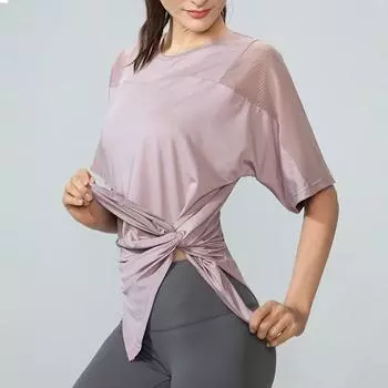 Быстросохнущая блузка для фитнеса с круглым вырезом и короткими рукавами для бега, женская летняя спортивная футболка с боковыми трещинами, сетчатые свободные топы для йоги 30662 S фиолетовый
