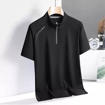 Быстросохнущая футболка для мужчин, для занятий спортом на открытом воздухе, фитнеса, с короткими рукавами, круглым вырезом, застежкой-молнией на половину длины, воротником-стойкой, футболка из шелка Ice Silk XXXL