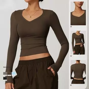 Быстросохнущая обтягивающая футболка для йоги с длинными рукавами для женщин, бега, фитнеса, тонкая спортивная футболка с длинными рукавами 8694-2 S