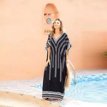 Быстросохнущая ткань, бикини, пляжная накидка, модный принт, V-образный вырез, рукава «летучая мышь», макси-юбка с боковым разрезом, женские купальники, накидка Q1188 One Size синий