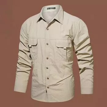 Быстросохнущая водонепроницаемая рубашка для активного отдыха, многокарманная рабочая одежда, мужская повседневная однотонная рубашка с лацканами и длинными рукавами, одежда для мужчин среднего и молодого возраста M