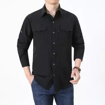 Быстросохнущие рубашки с длинными рукавами, сетчатые дышащие рубашки для рыбалки, мужские рубашки-карго для походов и работы, большие размеры XXXXL чёрный