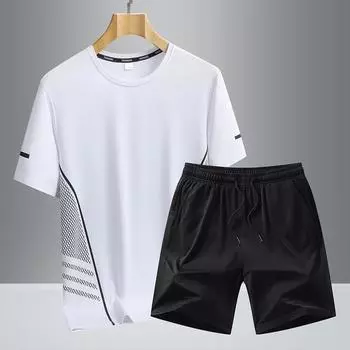 Быстросохнущий мужской летний комплект из двух предметов из искусственного шелка с короткими рукавами, свободный и дышащий, для фитнеса и бега XXXXXL