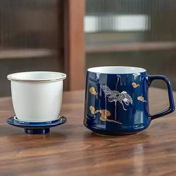 Бытовая керамическая чашка из трех частей, кружка с золотой росписью и крышкой, фильтр для чая, отдельная чашка для чая и приготовления чая Style B(400ml)