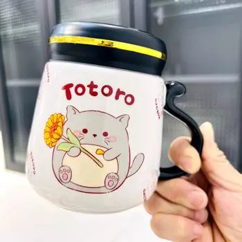 Бытовая керамическая чашка с крышкой, привлекательный внешний вид, большая емкость, студенческая кружка для воды, креативная подарочная кружка, мультяшная кружка 400ML