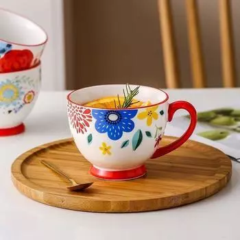 Бытовая керамическая кружка Ретро расписанные вручную цветы Стакан для воды Овсянка Завтрак Кофе Молоко Бутылка Офисная чашка 400ml