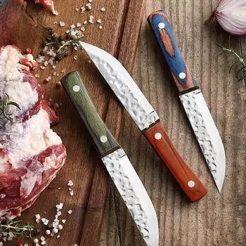 Бытовой нож для фруктов из нержавеющей стали с ребристой ручкой Нож для мяса с деревянной ручкой Многоцелевой 1pcs синий