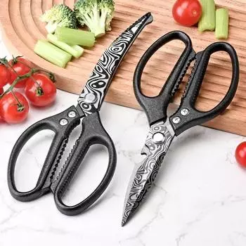 Бытовые кухонные ножницы полностью стальные с черным леопардовым принтом и прочными ручками