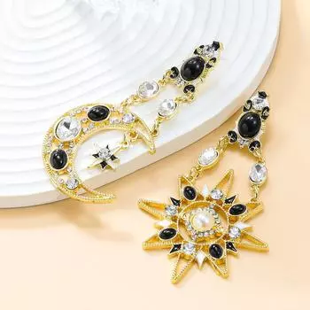 «Бывшие в употреблении асимметричные серьги в стиле ретро со звездами и луной для женщин — модный европейский и американский стиль» золотой