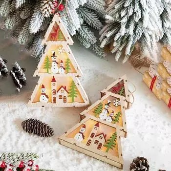 BZ2834-W Форма Рождественской Елки Санта-Лось Снеговик Узор Деревянное Рождественское Украшение Ночной Светильник - Снеговик