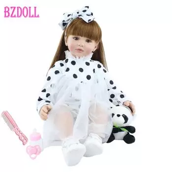 BZDOLL 60 см Мягкая силиконовая кукла Reborn для малышей, игрушки 24 дюйма, реалистичные виниловые длинные волосы, принцесса для маленьких девочек, нарядная кукла с пандой 60cm Doll, Brown eyes