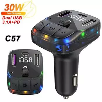 C57 Bluetooth 5.3 FM-передатчик, быстрое зарядное устройство Dual USB 30 Вт, автомобильное радио с функцией громкой связи, голосовой навигацией и стереосистемой, универсальный автомобильный аксессуар 12 В-24 В