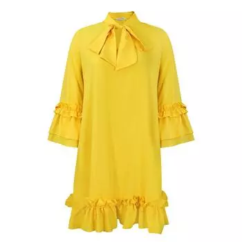 C8570 Европейское и американское женское платье больших размеров 2024 с оборками и завязками, рукава-фонарики - однотонное, элегантный стиль. S