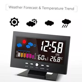 °C/°F Многофункциональный внутренний цветной ЖК-цифровой измеритель температуры и влажности Метеостанция Часы with USB Cable чёрный
