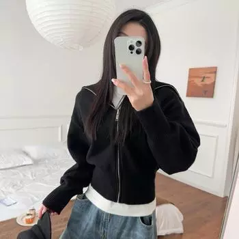 C Home Толстый вязаный кардиган на молнии с отворотом - Повседневная зимняя куртка 24 XS чёрный