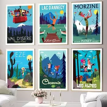 Cable Car Poster Blue & Green Art Print Alpes Jardin Exotique Landcape Canvas Painting Mountain Lake Wall Pictures Room Decor 21x30cm No Framed