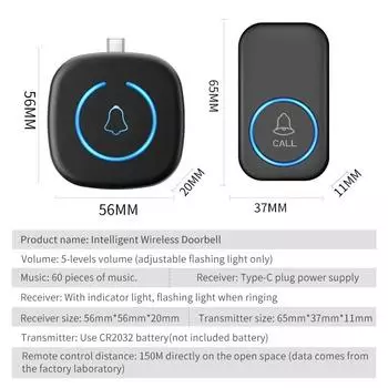 CACAZI A86 интеллектуальный беспроводной дверной звонок Type-C, водонепроницаемый, 60 песен, 150 метров, дистанционное управление, наружный умный домашний дверной звонок белый