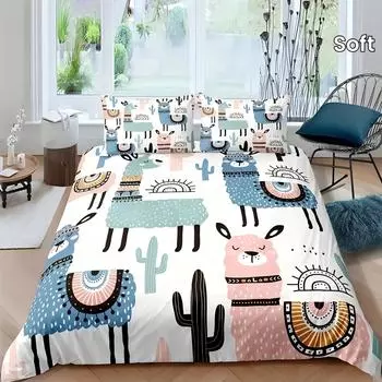 Cactus Alpaca 3D Printed Quilt Cover Cute Cartoon Animal Bedding Cover Pillowcase Luxury Home Textiles Floral Duvet Cover Sets EU single(135x200cm)