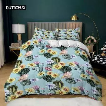 Cactus Duvet Cover Queen King Polyester Watercolor Cacti Pattern Print Bouquet of Thorny Green Plants Blossoms Twin Bedding Set EU single(135x200cm)
