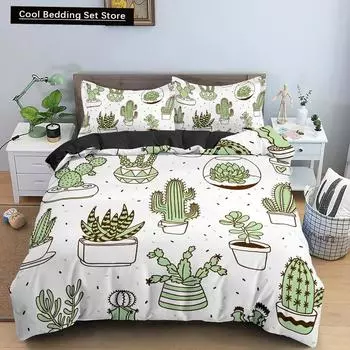 Cactus King Queen Duvet Cover Succulents Bedding Set for Kids Teens Adults Green Botanical Flowers 2/3pcs Polyester Quilt Cover EU single(135x200cm)