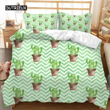 Cactus Plant Floral Duvet Cover King Microfiber Pastoral Blossom Flower on Wave Background Bedding Set Comforter Cover Bedroom EU single(135x200cm)