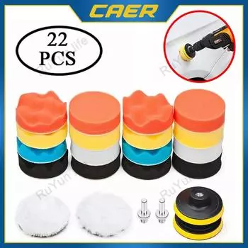 CAER 5/22Pcs Car Foam Drill Polishing Pad Kit 3inch Self-Adhesive Buffing Pads Sponge Disc with M10 Adapter for Polish Waxing