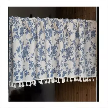 Cafe 60cm for Small Floral Scandinavian Thermal Room Bay Window Tension Rod Attachment Q foo Curtains, Long, Windows, Print, Stylish, Style, синий