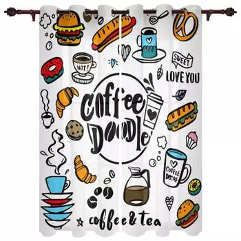 Cafe Graffiti Teacup Hot Dog Food Curtains Bedroom Kitchen Decorative Curtains 2 panel Living Room Curtains Grommet Top cortinas (W50H130cm)-2pcs&Hook