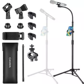 CAHAYA phone holder Gooseneck microphone stand straight height adjustable 1 x Gooseneck arm included 1 x Cell phone holder included 2 x Microphone