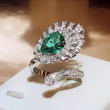 Caibao Light Luxury High-end Green Бабушка Павлин Хвост Кольцо Женский Дворцовый Стиль Универсальные Украшения Для Указательного Пальца Opening adjustable