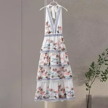 Cake Halter Женское вечернее платье Модное платье с открытой спиной и высокой талией в стиле пэчворк Женское сексуальное платье с глубоким V-образным вырезом и открытой спиной, со шнуровкой и бантом, весна-лето M жёлтый