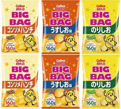 Calbee BIG BAG Большой пакет Картофельные чипсы 160 г 3 вида по 2 пакета каждого Ассортимент Легкий вкус Консоме Норисио Коммерческое использование Большой пакет Набор салфеток по соседству