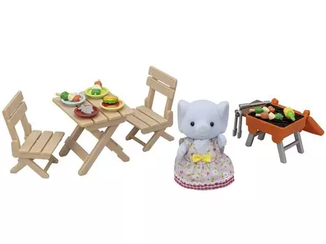 Calico Critters Bubble Brook Elephant Girls BBQ Picnic Set Кукольный домик для игр с фигуркой и аксессуарами