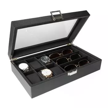 Calife Роскошный футляр для часов, очки, шкатулка для хранения солнцезащитных очков, 6 часов, 3 футляра для хранения солнцезащитных очков, шкатулка для коллекции, шкатулка для ювелирных изделий из углеродного волокна, полиуретан