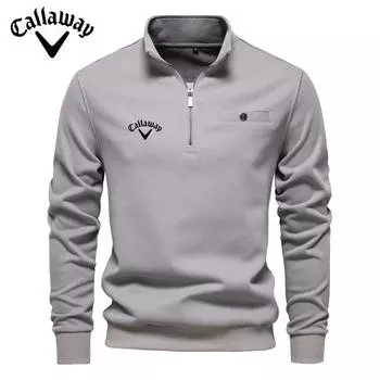 Callaway 2024 осень новый мужской длинный рукав полумолния толстовка с капюшоном повседневный однотонный карман украшение вышитый топ S серый