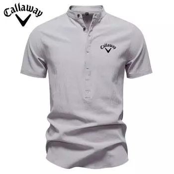 Callaway 2025 Лето Новая вышитая деловая повседневная рубашка мужская рубашка из хлопка и льна с короткими рукавами и воротником-стойкой из хлопка S