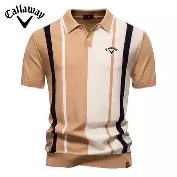 Callaway 2025 Лето Вышивка Новое Мужское Трикотажное Поло с Коротким Рукавом на Лацкане Полосатая Лоскутная Модель Большого Размера Поло с Коротким Рукавом для Мужчин S