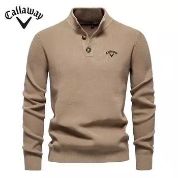 Callaway 2025 Осень и Зима Новый Вышитый Свитер Стойка Воротник Мужской Высококачественный Деловой Свитер Однотонный Повседневный Вязаный Свитер S