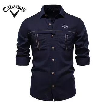 Callaway 2025 Весна и лето Новая вышитая мужская повседневная рубашка с большим однотонным карманом и длинным рукавом для мужчин S