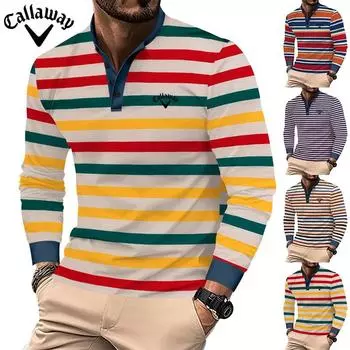 Callaway Вышитая осенне-зимняя мужская рубашка поло с цветными полосками, повседневный круглый вырез, свободная футболка Henry с длинными рукавами, базовая рубашка S