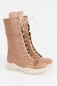 Callizio/женские сапоги до колена из веганской кожи на шнуровке, зимние высокие сапоги ручной работы на спортивной подошве с застежкой-молнией и круглым носком