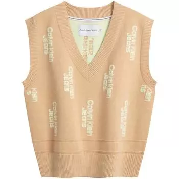 Calvin Klein Casual Letter Jacquard V-образный вырез трикотажный свитер женский топы Ivory-Yellow J222942 XS