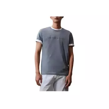 Calvin Klein Цветной блок круглый вырез свитер короткий рукав футболка мужские топы туманно-голубой J323262-PN6 L