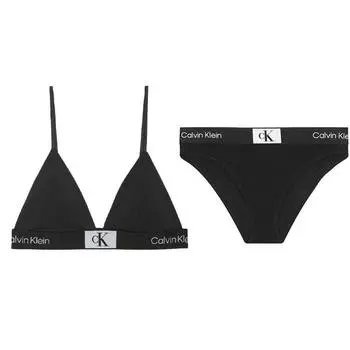 Calvin Klein Цветной блок логотип жаккардовый треугольный бюстгальтер удобный комплект нижнего белья со средней посадкой женское нижнее белье черный QF7217-003+QF7222-004 XS