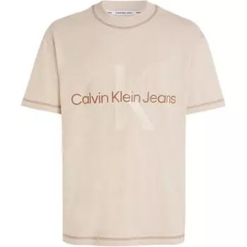 Calvin Klein Джинсы атласные вышитые однотонные повседневные свободные футболки с круглым вырезом и коротким рукавом мужские топы цвета слоновой кости J30J324673-YBI M
