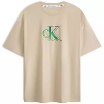 Calvin Klein Футболка унисекс с принтом логотипа и буквами, свободная, с круглым вырезом и коротким рукавом, цвет унисекс, светло-хаки J400322ACI XL